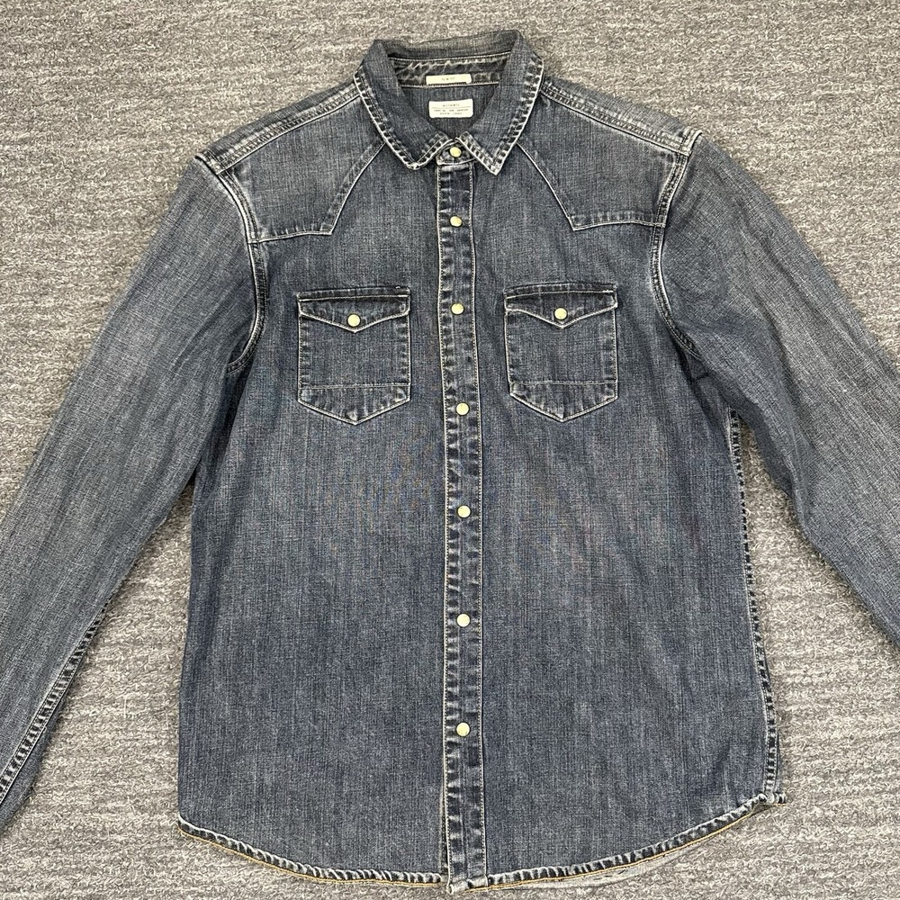 All Saints Shirt Men Medium Denim Pearl Snap Yoke Duncan Western Cowboy Workwear